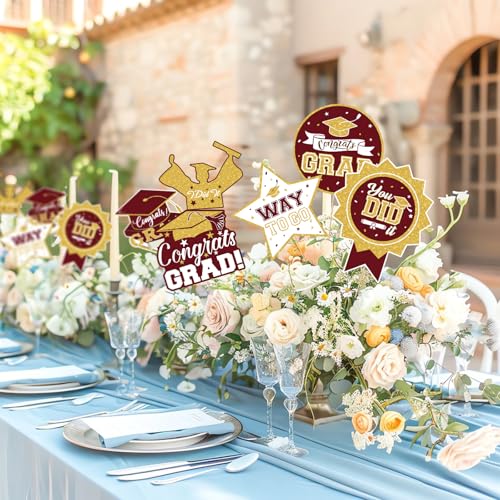 Image of 2026 Graduation Party Decorations - 24 Pcs Class of 2026 Congrats Grad Table Centerpieces Graduation Table Decorations Sticks Table Toppers for Graduation Party (Maroon Gold)