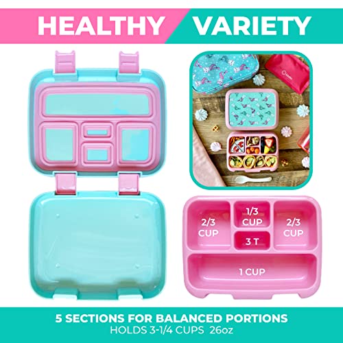 Image of Kinsho Bento Lunch Box for Kids Toddlers, 5 Portion Control Sections, BPA Free Removable Plastic Tray, Pre-School Kid Toddler Daycare Lunches, Snack Container Ages 3 to 7 (Aqua Cat Mermaid)