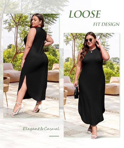 Image of Wolddress Womens 2026 Plus Size Sleeveless Tank Dress Casual Loose Sundress Split Summer Beach Long Maxi Dresses with Pockets