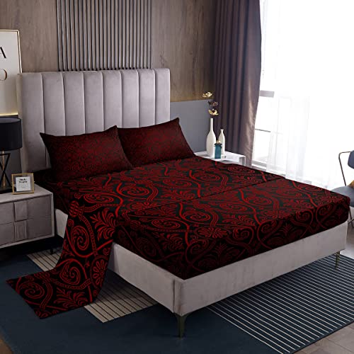 Red Black Ombre Gothic Bedding Set Full For Boys,Vintage Goth Floral Damask Bed Sheets Antique Victorian Baroque Sheet Set Hotel Luxury Fitted Sheet Bohemian Exotic Flat Sheet 2 Pillow Cases