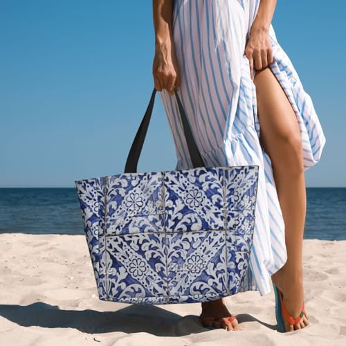 Portuguese Tiles - Azulejo Blue And White Floral Beach Bag Women Tote Bag Pool Bag With Zipper For Gym Grocery Travel With Wet Pocket, Black4