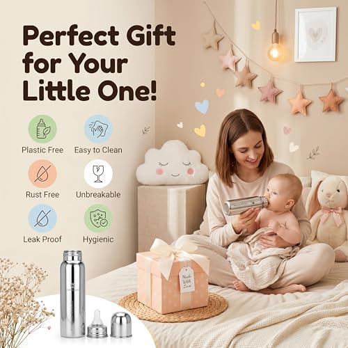 Image of StarAndDaisy Baby Milk Bottle for new Born /Infant /Toddler Pack of 2-300 ML SUS 304 Steel Baby Feeding Bottle for 0+ Months, BPA Free Leakproof Bottle, Anti Colic, Easy to Clean & Extra Nipple
