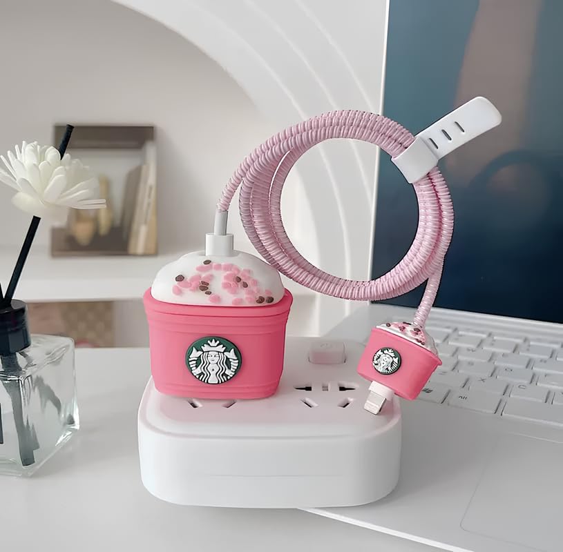 Image of skysia Charger & Cable Protector for iPhone (18W-20W) - 3D Cute Pattern Full Protection Cover, Data Line Wire Saver, 4-in-1 Set for Adapter & Lightning Cable (Multicolored, StrBucks Pink, Pack of 1)