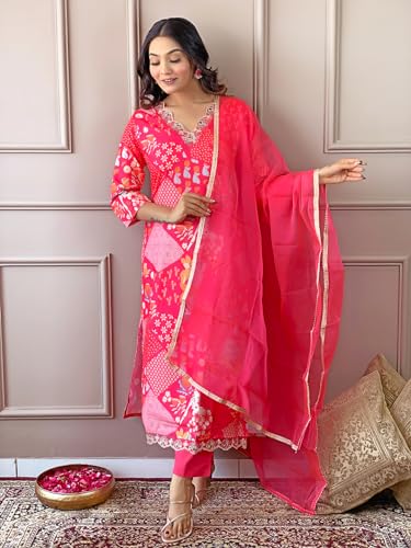 Image of Naixa Women's Chanderi Embroidered Straight Kurta with Pant and Dupatta Sets (NX2-527)