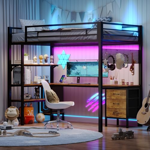 BTHFST Loft Bed Twin Size with L-Shape Desk & RGB LED Lights & Charging Station, Twin Bunk Bed with Fabric Drawers & Shlves, 13.4'' H Safety Guardrail, Noise Free, No Box Spring Needed