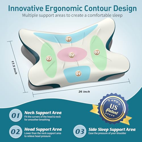 Cervical Pillow for Neck Pain Relief - Ergonomic Neck Pillow for Sleeping Contour Memory Foam Pillows with Cooling Pillowcase, Orthopedic Bed Pillow for Side Back Stomach Sleepers