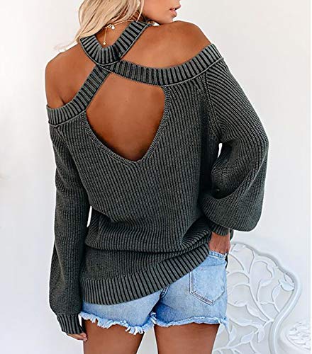 Image of Women Casual Loose Off Shoulder Knit Sweater Solid Halter Neck Blouse Tops Lantern Sleeve Backless Pullover Jumper (Dark Grey, Medium)