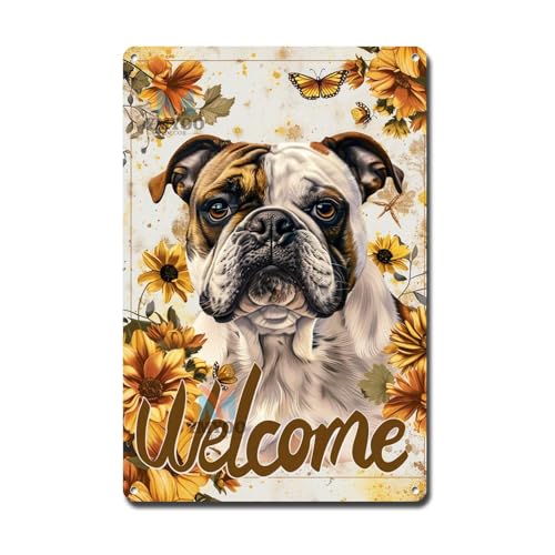 Ymyoo Decorative Tin Sign Vintage Wall Art Dignified Bulldog Welcome with Chrysanthemums for Home Entries English Pub Decor and Bulldog Lovers Easy Install Corrosion Resistant Aluminum 8×12 Inches