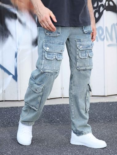 Mens Baggy Cargo Jeans Wide Leg Streetwear Jeans Loose Fit Hip Hop Denim Pants3