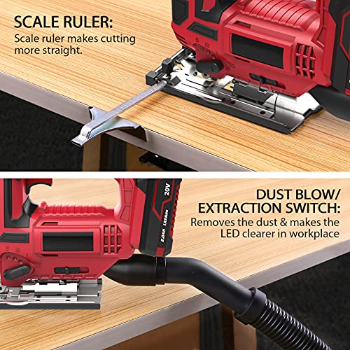 XINDELE Puzzle Stichsäge 20-V-Akku-Stichsäge für die Holzbearbeitung mit 4 Orbitaleinstellungen 2700 SPM 10-teiliges T-Schaft-Blattset 2,0-Ah-Akku Schnellladegerät Werkzeuglose Blattklemme 45°-Schrägv – Bild 6