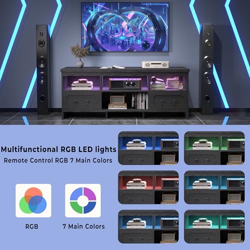 IRONCK TV Stand for 65 Inch TV, 63" LED Entertainment Center with Storage Cabinets, Power Outlets and Open Shelf, Media Console TV Cabinet with Drawers for Living Room, Black