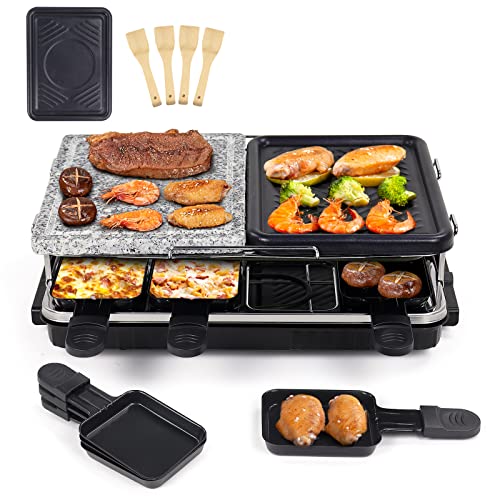 Raclette Grill mit Grillpfanne Antihaftbeschichtung Raclette Partygrill für 8 Personen,8 Mini Pfännchen stufenlose…