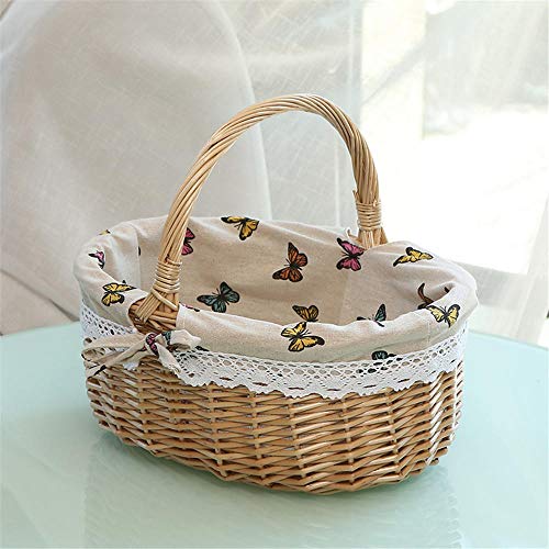 BEI&YANG Picnic Basket Rattan Basket Portable Idyllic Outdoor Country Picnic Handmade Wicker Picnic Basket Wicker Basket With Handles And Linen Cotton Lining-Butterfly Cloth-Large