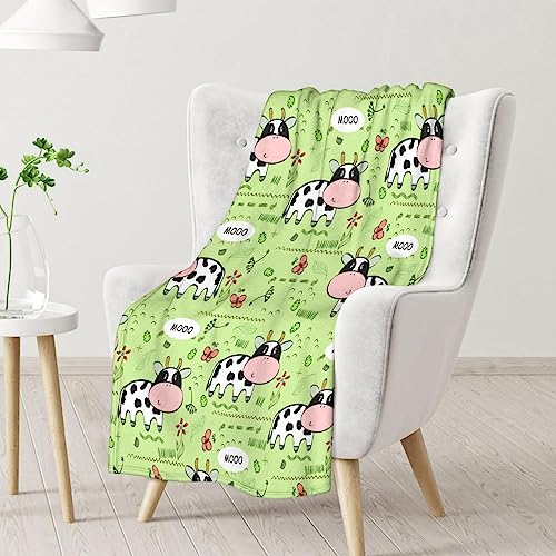 Mercuryelf Cow Throw Blanket - Soft, Fuzzy & Warm - 50x60 Inches Flannel Blankets for Living Room, Sofa - Light Green Cute Throws Gift for Teens