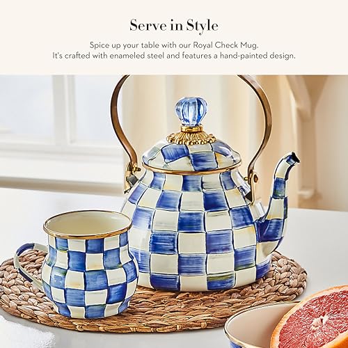 Image of MACKENZIE-CHILDS Enamel Mug, Cute Enamelware Coffee and Tea Mug, Unique Drinkware, 16 Ounces, Blue-and-White Royal Check, Set of 1 (Pack of 2)