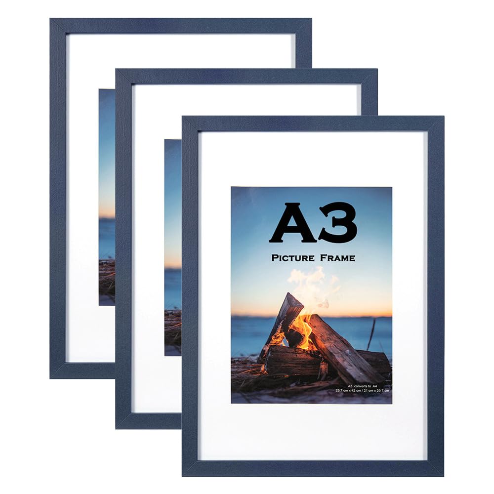 Navy Blue Wooden A3 Picture Frame Set of 3, Wall Mountable