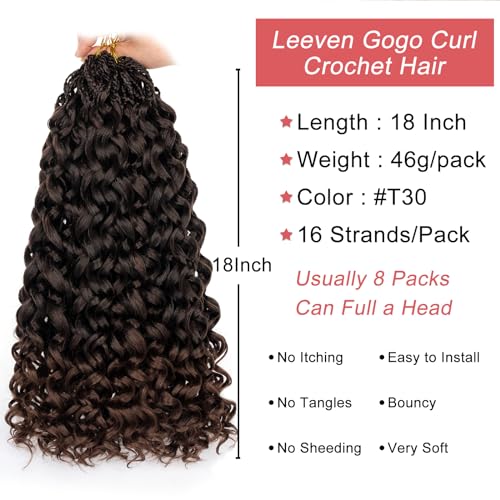 Leeven 18 Inch 8 Packs Gogo Curl Crochet Hair Ombre Brown Pre Looped Ocean Wave Crochet Hair Deep Twist Curly Goddess Box Braids Synthetic Water Wave Braiding Hair for Women