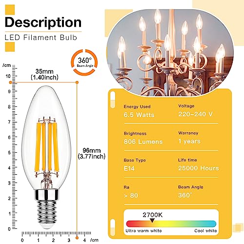 Genixgreen E14 Dimmable LED Bulb,Candle Bulb Small Screw 60W-80W Equivalent, SES 6.5W LED Filament Light Bulb - Image 4