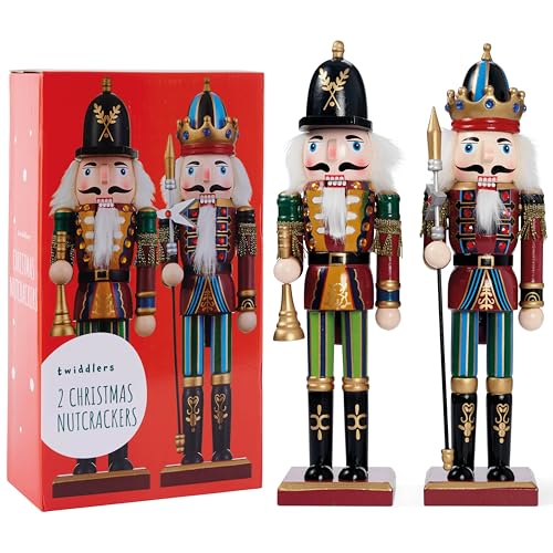 THE TWIDDLERS 2 Pack 12 Inch Wooden Nutcracker Christmas Decor King & Guard Soldier (Red) Decorative Christmas Nutcracker Figures, Nutcracker Christmas Decorations, Cascanueces de Navidad in Gift Box