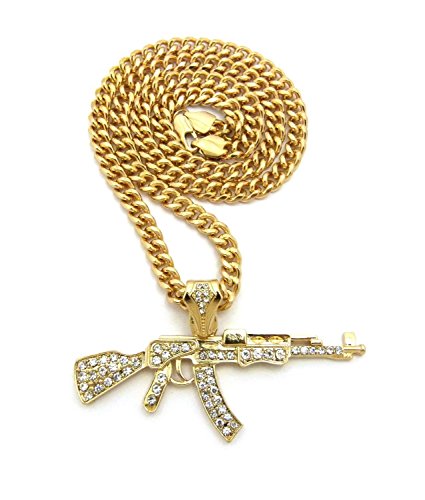 Shiny Jewelers USA Mens ICED Out Machine Gun AK47 Chopper,Uzi Weapon, Hand Gun Pendant Box, Rope, Cuban Chain 3 Necklace Set (AK47 Cuban Chain)