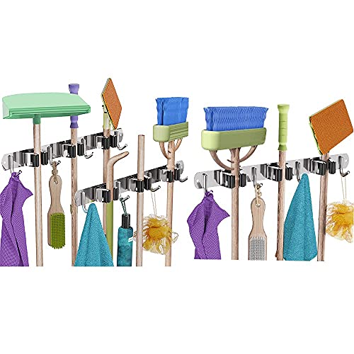 3 Pack Mop And Broom Holder Wall Mount, Broom Organizer Wall Mounted, Stainless Steel Storage Organizer Hooks, Heavy Duty Tools Hanger For Home, Kitchen, Garden, Garage, Laundry (3 Racks 4 Hooks) #TOP18
