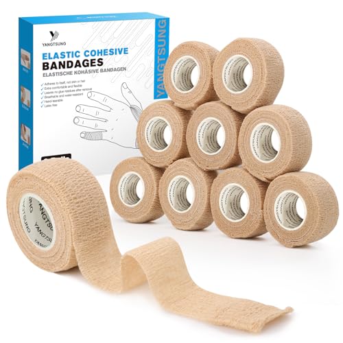 YANGTSUNG 9 Rollos Vendas Autoadhesivas, 2,5 cm x 4,5m Banda Venda Cinta Bendaje Adhesiva Deportiva Tape, Venda Cohesiva Vendaje Elástico Tape Crossfit para Dedos, Muñecas, Tobillo, Perros, Caballos