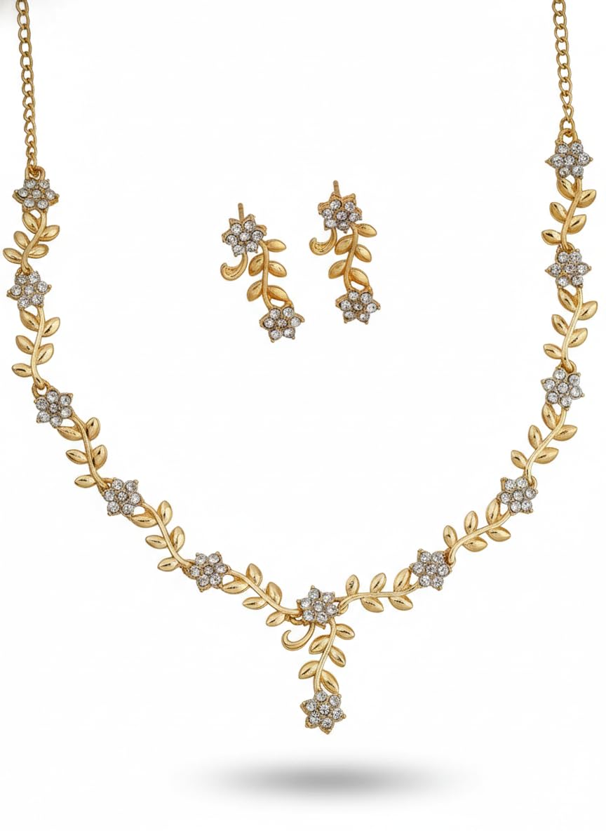 Gold Floral Leaf Necklace and Earrings Set, Crystal Embellished Jewelry, Vine Design with Chain