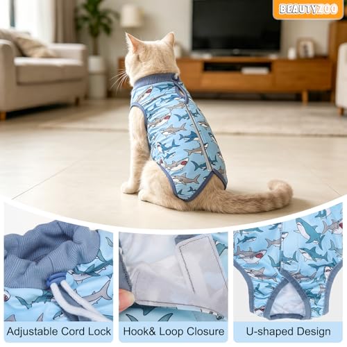 Image of BEAUTYZOO Cat Surgery Recovery Suit, Female Spay, Male Neuter, 2 Pack | Onesie for Cats After Surgery, Anti Licking Wounds, Cone of Shame Alternative, Surgical Recovery Anxiety Vest, Shark&Bee M