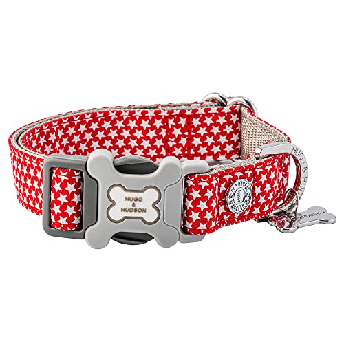 HUGO & HUDSON Collar de Perro de Nailon con Hebilla de Hueso de Seguridad de liberación rápida - Collar de Mascota Suave y cómodo - Estrella Blanca roja - XS Cover