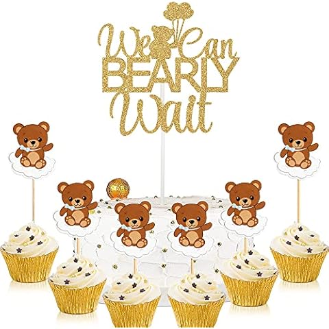 MEZHEN Bear Cake Decoration Glitter Cake Toppers We Can Bearly Wait Cake Decoration Gender Reveal Party Bear Cake Toppers Decoration Baby Shower Cover