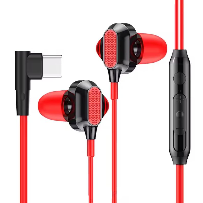 USB C Headphones, Type C Earbuds Compatible for iPhone 15 Pro/ 15 Pro Max Samsung S24 Headphones with Microphone Noise Isolation Stereo Wired Earphones for Samsung Galaxy S22 S23 Ultra Pixel 7a - Red
