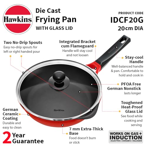 Image of Hawkins 20 cm Frying Pan, Die Cast Non Stick Fry Pan with Glass Lid, Ceramic Coated Pan, Induction Frying Pan, Small Frying Pan, Red (IDCF20G)