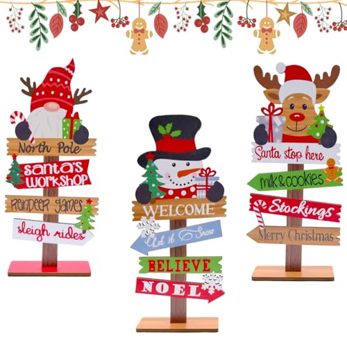 TULEBOLIAN 3 Piezas Decoración de Navidad, Set de Figuras de Mesa con Tema de Gingerbread y Gnomo, Incluye Cartel «Feliz Navidad» para Árbol y Centro de Mesa
