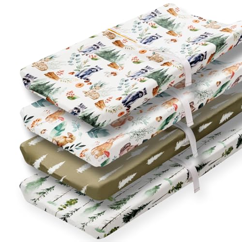 Image of 4 Pack Changing Pad Covers Woodland Forest Animals Wood Neutral Unisex Fitted Baby Changing Pad Cover Set for Baby Boys or Girls (Raccoon)