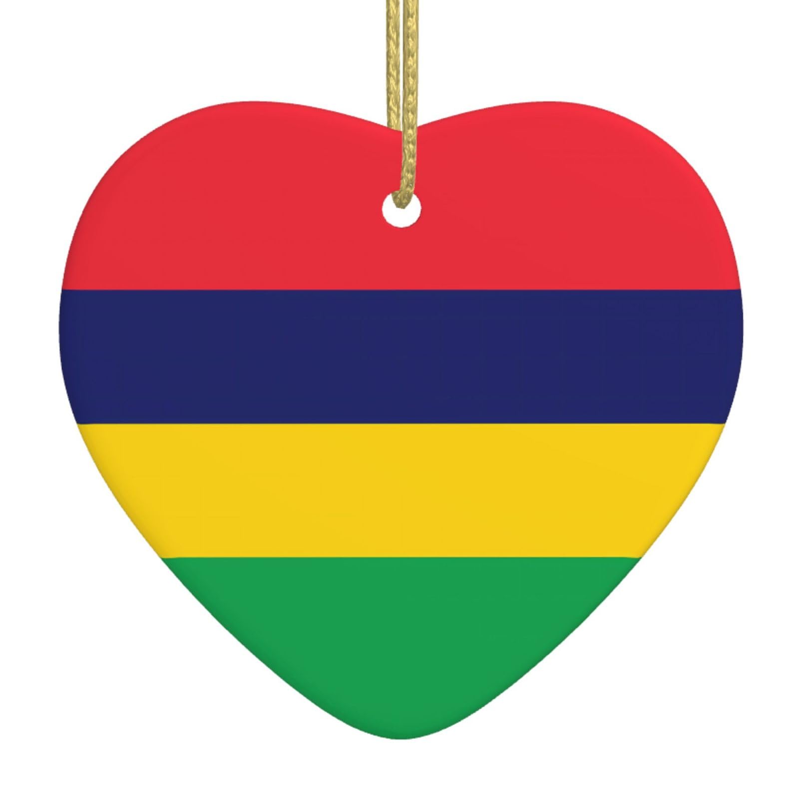 Flag of Mauritius Ceramic Christmas Heart Pendant with Silk Thread, Christmas Tree Home Decoration