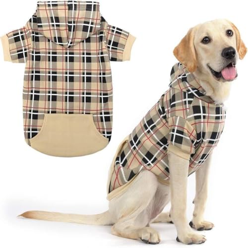 EXPAWLORER Plaid Dog Hoodie - British Style Warm Dog Sweater Shirt with Leash Hole,Pitbull Clothes Outfits,Winter Coat Apparel for All Breeds Puppy Girl Boy-Cat Apparel,Beige Large