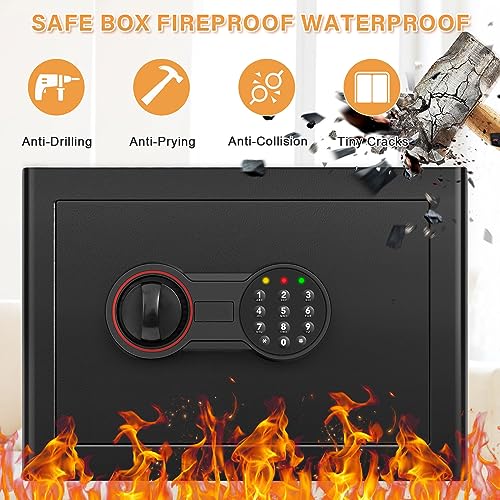 1.0 Cub Home Safe Fireproof Waterproof, Small Fireproof Safe Box with Programmable Keypad and Removable Shelf, Security Digital Safe for Home Money Firearm Medicines Valuables