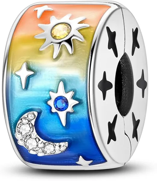 Parmuz Clip Spacer Charm for Bracelet 925 Sterling Silver Pave Cubic Zirconia Lock Stopper Bead Star Moon Evil Eye Jewelry Charm for Woman