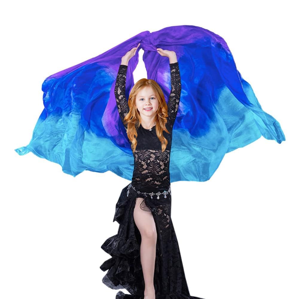 TMZAQH Girls Hand-Made Silk Belly Dance Veils Belly Dance Hand Scarves Gradual Colors190*90cm. (Turquoise Blue Purple)