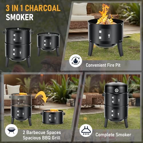 3-in-1-Vertical-Charcoal-Smoker-BBQ-Grill-16-Inch-Outdoor-Portable-Smoker-Grills-with-Built-in-Thermometer-Air-Vent-2-Access-Doors-and-3-Hooks-Idea-for-Patio-Backyard-Barbecue-Cooking-Camping 3 in 1 Vertical Charcoal Smoker BBQ Grill 16 Inch Outdoor Portable Smoker Grills with Built in Thermometer Air Vent 2 Access Doors and 3 Hooks Idea for Patio Backyard Barbecue Cooking Camping