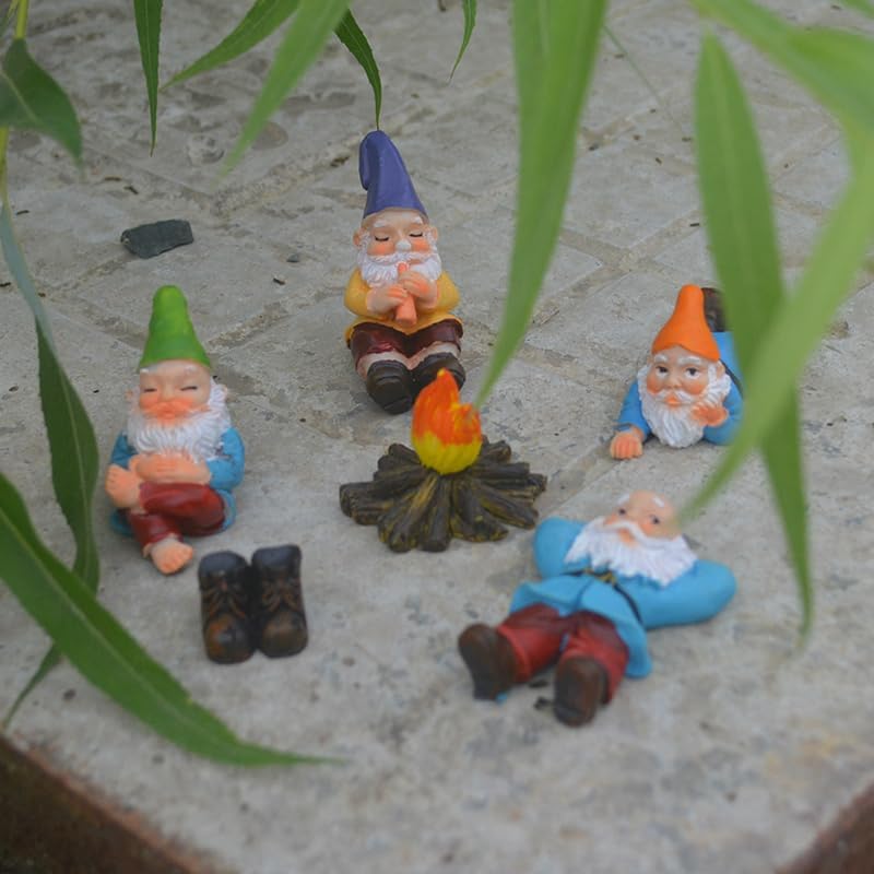 Mini gnomos de jardín, 6 piezas de gnomos de campamento para exteriores, esculturas y estatuas de jardín enano para interiores y exteriores, patio,