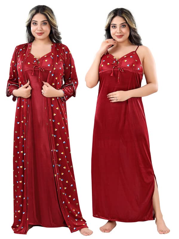 zairra Women's Satin Solid Maxi Length Nighty with Robe-Sleeveless Nightwear Set-Free Size (Red)-picture-33
