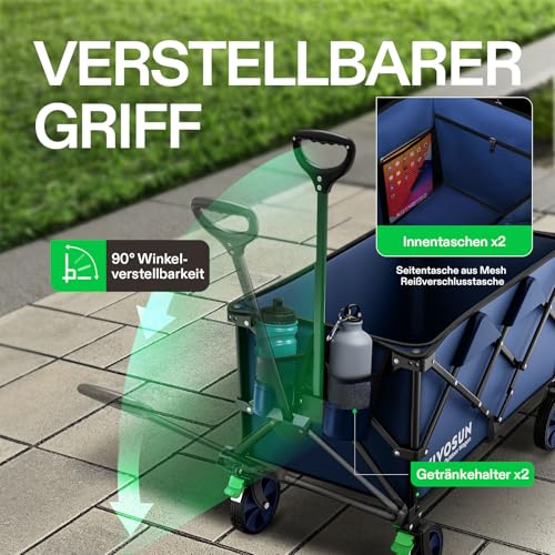 VIVOSUN 200L XXL Bollerwagen Faltbar mit Bremsen, 136kg Tragkraft, Klappbarer Handwagen mit 360°drehbare Räder für alle Gelände, Gartenwagen für Camping, Garten, Sport, Picknick, Einkaufen, Blau – Bild 7