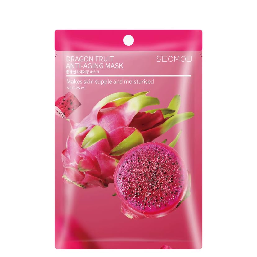 Natural Facial Sheet Mask, Moisturizing Hydrating Fruit Facial Mask For All Skin Types (Dragon Fruit Anti Aging Facial Mask)