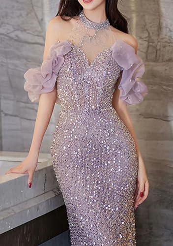 Mermaid/Trumpet Sparkle Quinceanera Dresses Wedding Guest Dress Sweep/Brush Train Sleeveless Halter Neck Sequin 20253