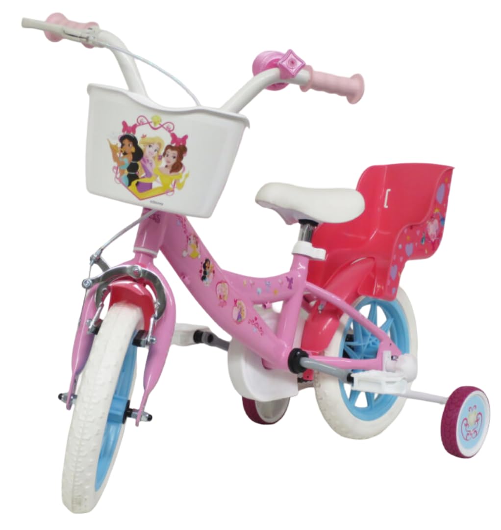 bicicletta da 12 pollici di Disney Principesse con stabilizzatori laterali, portabambole, cestino anteriore personalizzato. Made in Italy
