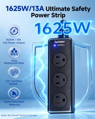 Image of Outdoor Power Strip Weatherproof, 3 AC Outlets, 1625W /13A High-Power Single-Device Use, IPX6 Waterproof Extension Cord for Backyard, Patio, Home Office, Garage, Workshop, Camping, 10FT