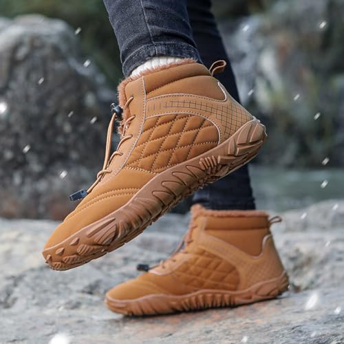 Image of Winter Footwear Barefoot Shoes Women Men Zero Drop Barefoot Hiking Boots Slip On Warm Waterproof Snow Boot Minimalist Wide Toe Ankle Booties Five Finger Hike Shoes Outdoor