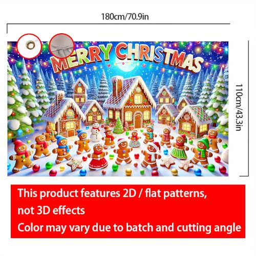 Image of Christmas Banner 71x43 Inch Gingerbread Village Snow Tree and Light String Scene Festive Holiday Backdrop Warm Seasonal Decoration for Indoor Outdoor Celebration Party Display