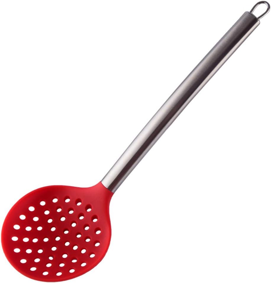 Ogquaton Cuchara ranurada duradera con espumadera - Con un fuerte cabezal de silicona y una manija de acero inoxidable que se mantiene fresca Rojo + plateado